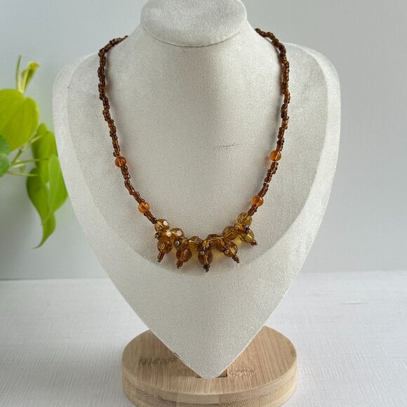 Amber Glass Bead Necklace Adjustable 16"-18" With Clustered Bead Accent - Picture 8 of 10